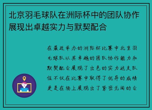 北京羽毛球队在洲际杯中的团队协作展现出卓越实力与默契配合